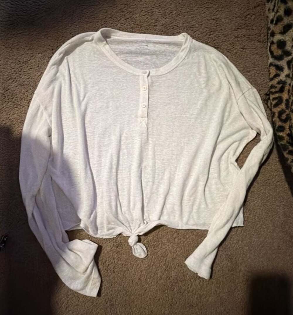 Aerie White Long Sleeve Button Henley Tie Front Crop Top